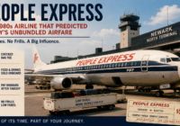1980s-style People Express airplane illustration with baggage fee and low fare icons