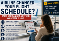 Traveler reviewing an airline schedule change at the airport, with information about refunds, rebooking, changed airports, added connections, and cabin downgrades.
