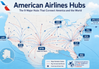 American Airlines hub map showing DFW, CLT, ORD, MIA, PHX, PHL, DCA, LAX, and New York JFK/LGA