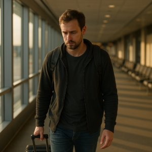 A traveler walks through a quiet airport terminal at sunset, carrying a small bag and boarding pass, symbolizing urgency and reflection during bereavement fare travel.