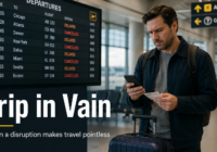 Traveler at an airport looking at a delayed flight board, illustrating the airline term trip in vain