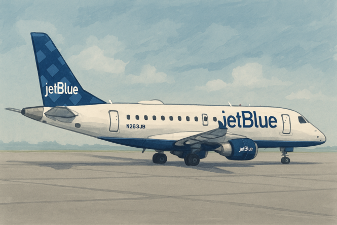 Digital illustration of a JetBlue Embraer E190 aircraft on the tarmac at sunset, marking its retirement