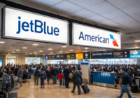 busy airport terminal with jetblue and american airlines signs