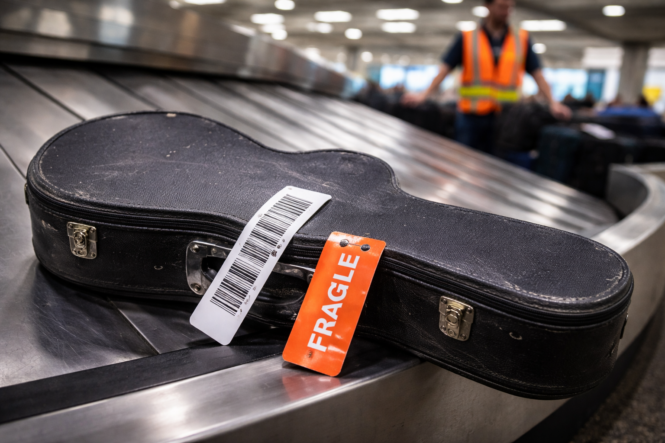 fragile guitar case on airport baggage carousel