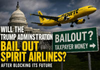 Spirit Airlines plane flying near the U.S. Capitol with bailout sign symbolizing possible government rescue