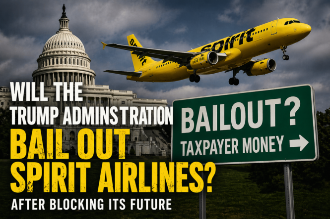 Spirit Airlines plane flying near the U.S. Capitol with bailout sign symbolizing possible government rescue