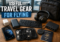 Useful travel gear for flying including charger, power bank, headphones, luggage tracker, travel keyboard, and cable kit