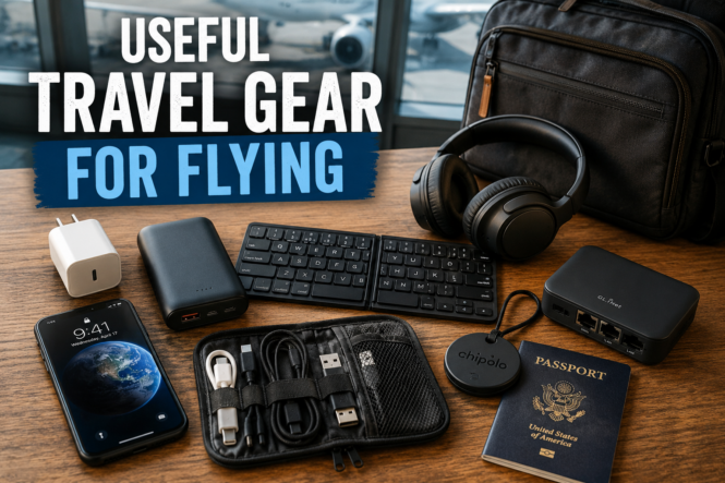 Useful travel gear for flying including charger, power bank, headphones, luggage tracker, travel keyboard, and cable kit