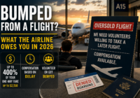Airport gate scene illustrating an oversold flight, denied boarding, volunteer compensation, and bumped flight compensation of up to 400% of the one-way fare.