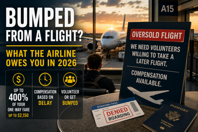 Airport gate scene illustrating an oversold flight, denied boarding, volunteer compensation, and bumped flight compensation of up to 400% of the one-way fare.