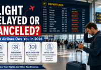 Traveler at an airport checking a delayed and canceled flight board, with refund, rebooking, meal voucher, and hotel rights highlighted.