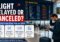 Traveler at an airport checking a delayed and canceled flight board, with refund, rebooking, meal voucher, and hotel rights highlighted.