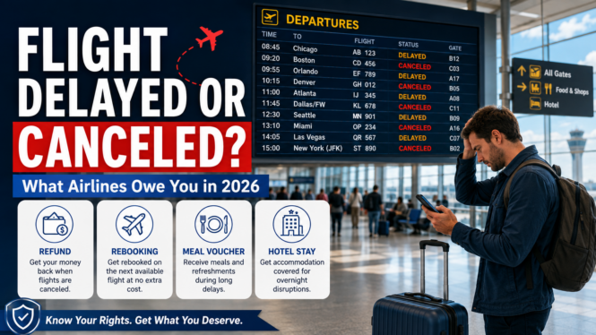 Traveler at an airport checking a delayed and canceled flight board, with refund, rebooking, meal voucher, and hotel rights highlighted.