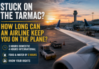 Airplane waiting on the airport tarmac at sunset with the three-hour domestic and four-hour international tarmac delay limits highlighted.