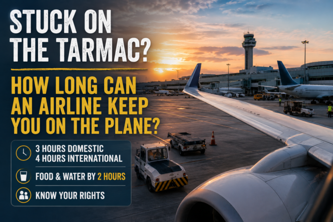 Airplane waiting on the airport tarmac at sunset with the three-hour domestic and four-hour international tarmac delay limits highlighted.