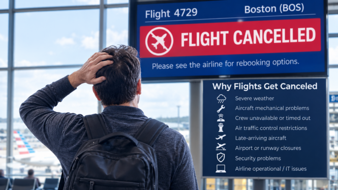 Traveler at an airport looking at a canceled flight notice and common reasons flights get canceled