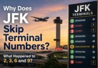 JFK Airport terminal sign showing missing terminal numbers 2, 3, 6 and 9 with a plane and control tower