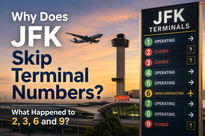 JFK Airport terminal sign showing missing terminal numbers 2, 3, 6 and 9 with a plane and control tower