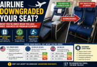 Business-class airline seat compared with an economy-class downgrade, showing U.S., EU, and UK passenger rights, fare-difference refunds, and downgrade compensation rules.