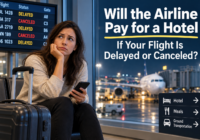 Stranded airline passenger at an airport after delayed and canceled flights, with hotel, meal and ground transportation options shown.