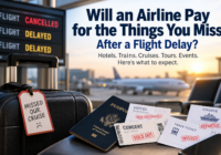 Airport travel scene showing a canceled or delayed flight alongside missed hotel, train, cruise and event reservations, illustrating downstream costs after a flight disruption.