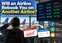 Traveler at an airport after a canceled flight, comparing rebooking options on another airline while nearby flights remain on time.
