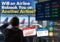 Traveler at an airport after a canceled flight, comparing rebooking options on another airline while nearby flights remain on time.