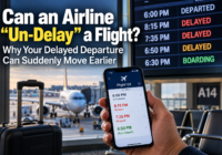 Airport departure board and airline app showing a delayed flight moving to an earlier departure time.