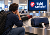 Traveler waiting at airport baggage claim after a flight cancellation, with checked luggage on the carousel