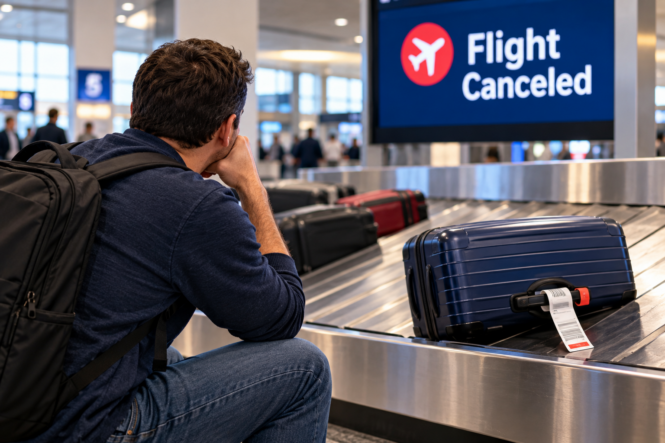 Traveler waiting at airport baggage claim after a flight cancellation, with checked luggage on the carousel