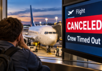 Traveler at an airport after a flight is canceled because the crew timed out, with an aircraft at the gate and a cancellation notice on the departure board.
