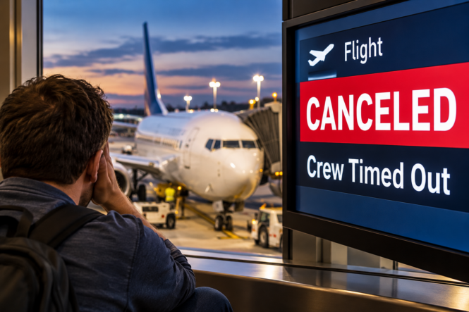 Traveler at an airport after a flight is canceled because the crew timed out, with an aircraft at the gate and a cancellation notice on the departure board.