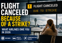 Traveler at an airport after a flight is canceled because of a strike, with information about refunds, hotels, meals, and airline compensation rights in 2026.