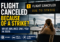 Traveler at an airport after a flight is canceled because of a strike, with information about refunds, hotels, meals, and airline compensation rights in 2026.
