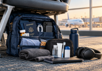 Personal item packed with passport, medication, phone charger, power bank, toiletries, snacks and other essentials for a flight delay or cancellation.