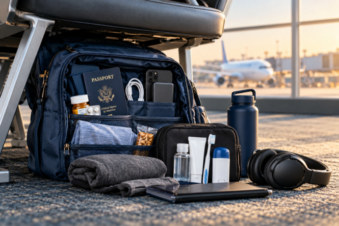 Personal item packed with passport, medication, phone charger, power bank, toiletries, snacks and other essentials for a flight delay or cancellation.