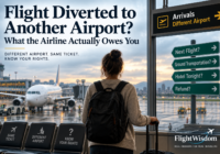 Traveler at an airport after a diverted flight, with signs for another airport, ground transportation, hotel and refund options, illustrating passenger rights after a flight diversion.