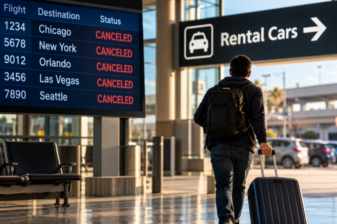 Traveler leaving an airport for the rental car area after multiple flight cancellations, illustrating whether an airline will pay for a rental car after a canceled flight.