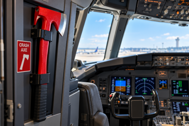 Red emergency crash axe mounted inside a modern airliner cockpit beside the flight controls.
