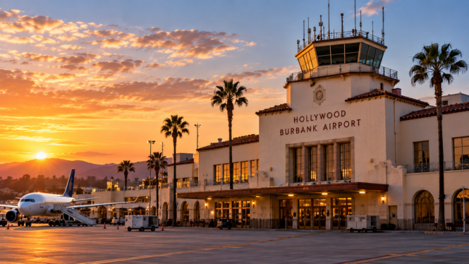 Illustrated view of Hollywood Burbank Airport's historic passenger terminal at sunset as the airport prepares to move to a new terminal in October 2026.