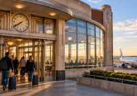 Conceptual illustration of travelers entering a historic Art Deco airport terminal with a modern passenger jet nearby.