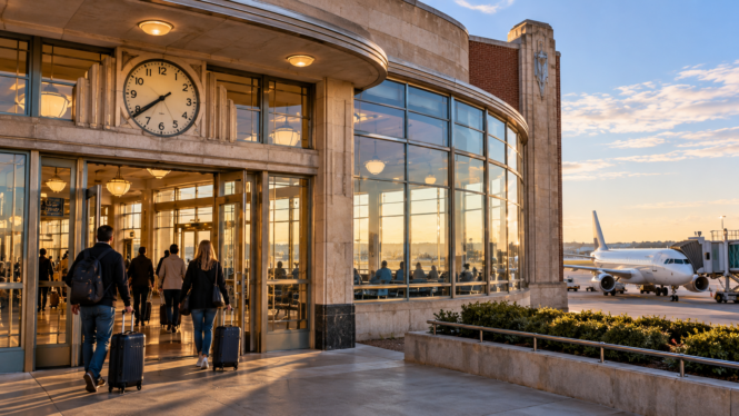 Conceptual illustration of travelers entering a historic Art Deco airport terminal with a modern passenger jet nearby.