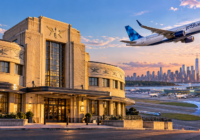 Editorial illustration of a JetBlue aircraft flying near LaGuardia's historic Marine Air Terminal, representing the airline's possible return.