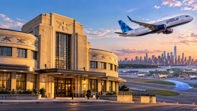 Editorial illustration of a JetBlue aircraft flying near LaGuardia's historic Marine Air Terminal, representing the airline's possible return.