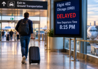 Traveler leaving an airport terminal during a long flight delay while a departure board shows a revised departure time.