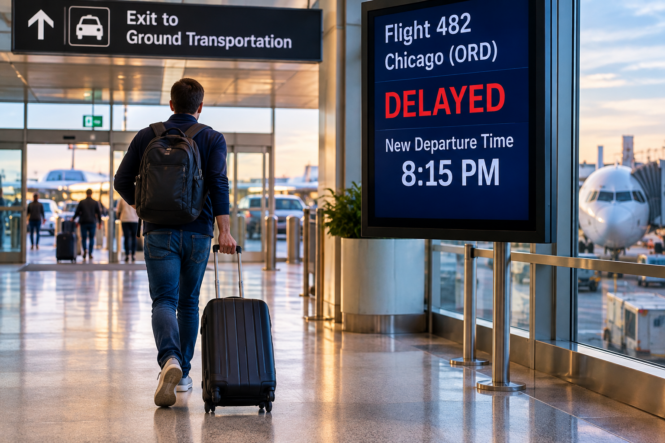 Traveler leaving an airport terminal during a long flight delay while a departure board shows a revised departure time.